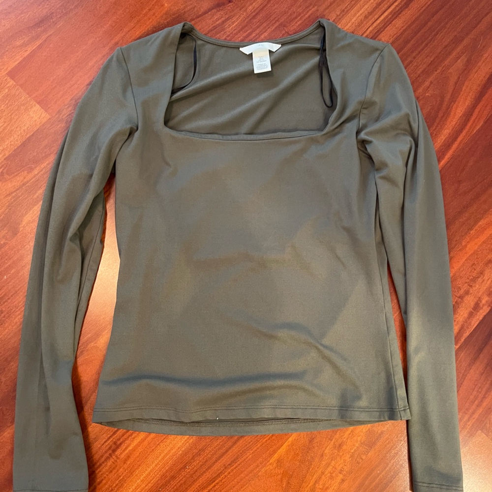H&M Green Square Neck Long Sleeve Top